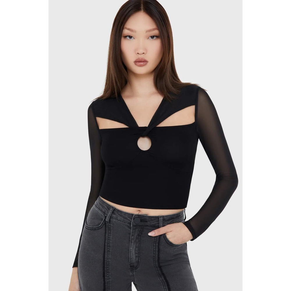 Killstar Ink of Night Black Cut Out Mesh Long Sleeve Crop Top XS